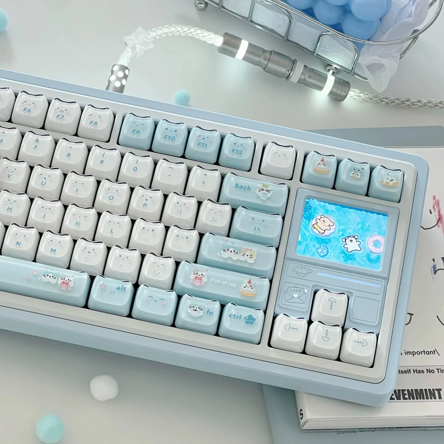 Kawaii Cat Ear Crystal Keycaps 119 Keys Cinnamon Cat MAO Profile PBT+PC Double-shot Keycap for MX Switch Mechanical Keyboard