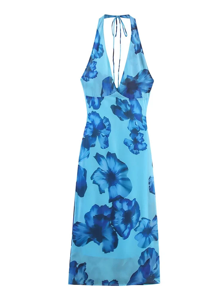 TFMLN Frauen Halter Kleid Neue Sommer Sexy Backless Floral Print V-ausschnitt Kleider Streetwear Fashion Halter Lace-up Kleid Kleidung