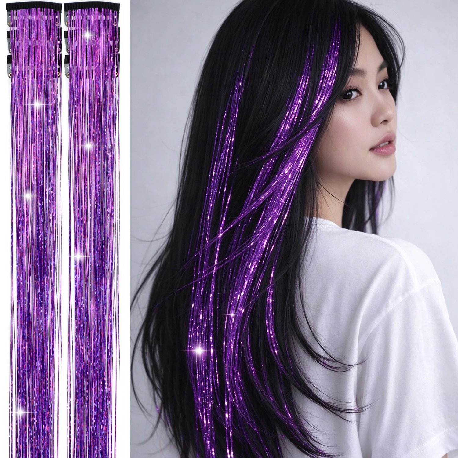 Hair Tinsel Pack of 6 Pcs Colorful Glitter Hair Accessories 24 Inch Clip in Hair Tinsel Extensions Fairy Hair Synthetic