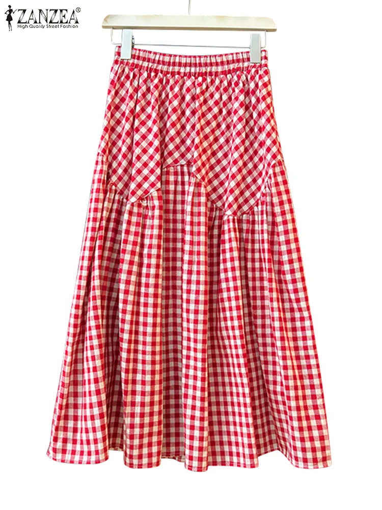 ZANZEA-Jupe maxi plissée vintage pour femme, imprimé à carreaux, taille élastique décontractée, bohème, volants, coutures, automne, 2024