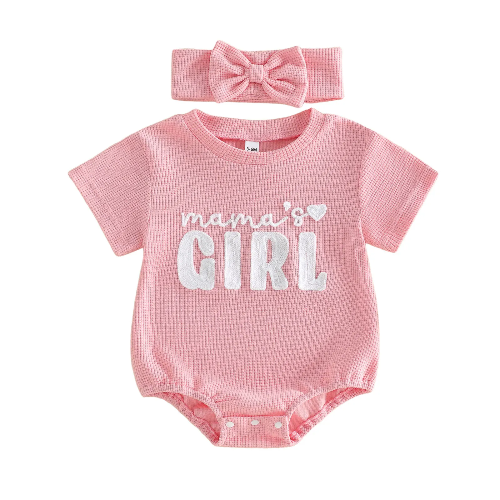 

Infant Baby Girl Summer Jumpsuit Letter Embroidery Short Sleeve Round Neck Romper Bow Headband