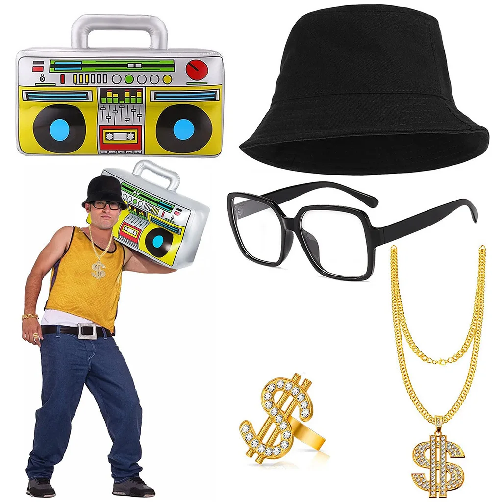 Disfraz de Hip-hop para fiesta de carnaval, collar de dólar, anillo, pulsera, sombrero de pescador, accesorios de Radio