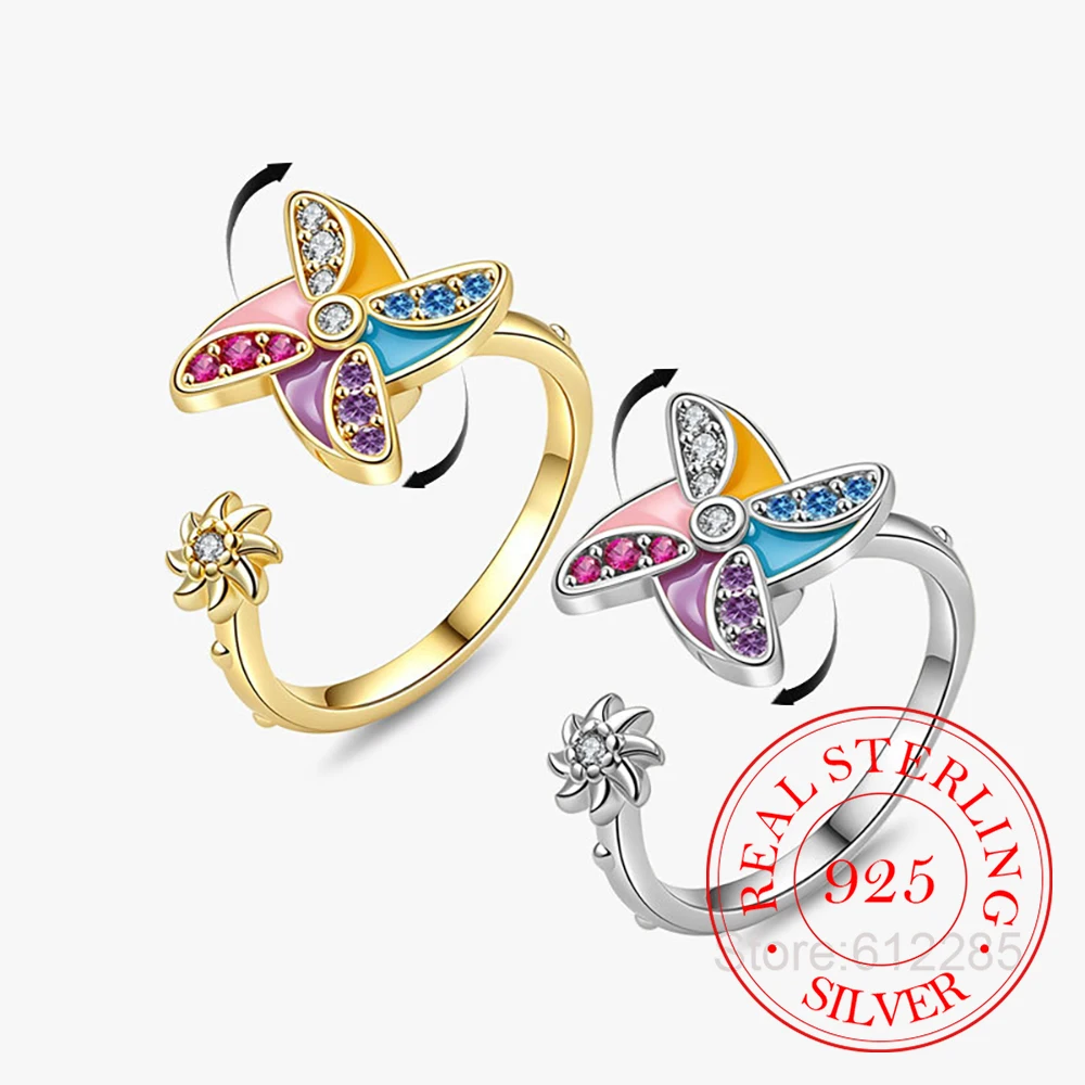 925 Sterling Silver Jewelry Vintage Crystal Colorful Pinwheel Rotatable Finger Rings for Women Wedding Party Jewelery Gift