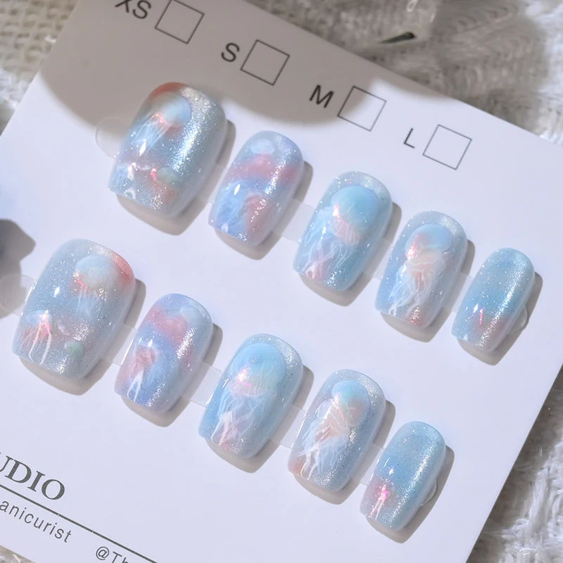 10 stuks vrouwen meisjes dromerige vissenstaart kwallen nieuwe handgemaakte cat eye druk op nagels afneembare tiener draagbare nail art nepnagels