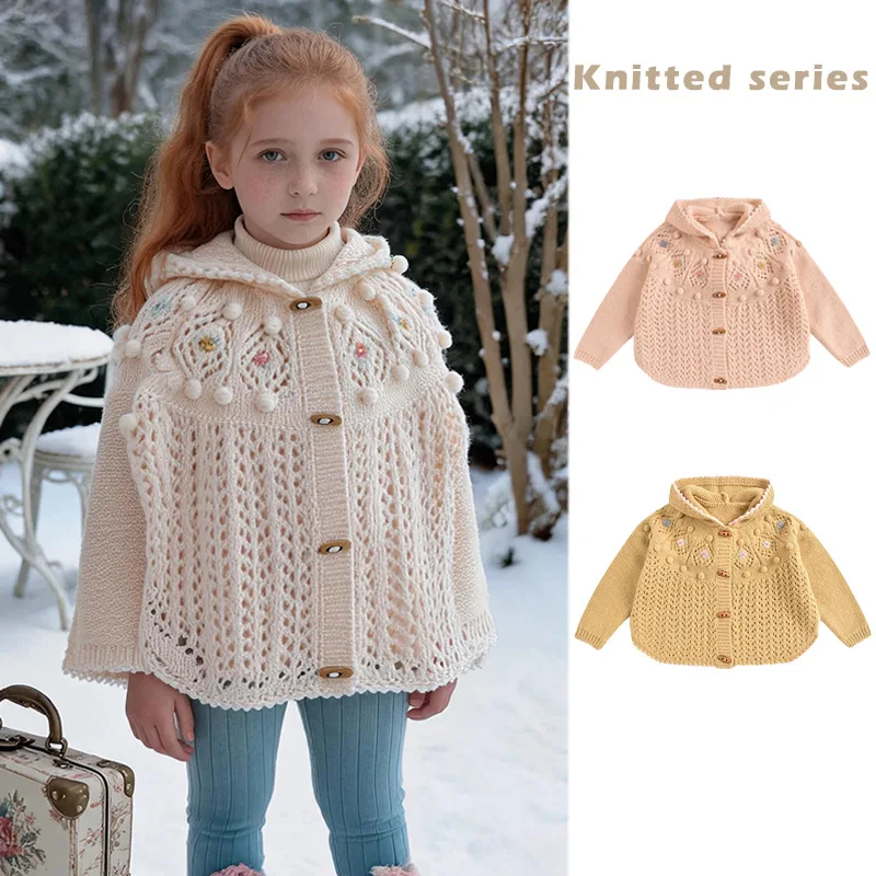 Hooded Sweater for Girls 2026 Winter New Hand Embroidered Printed Thick Knit Sweater Cotton Crew Neck Jacquard Cutout Pullover