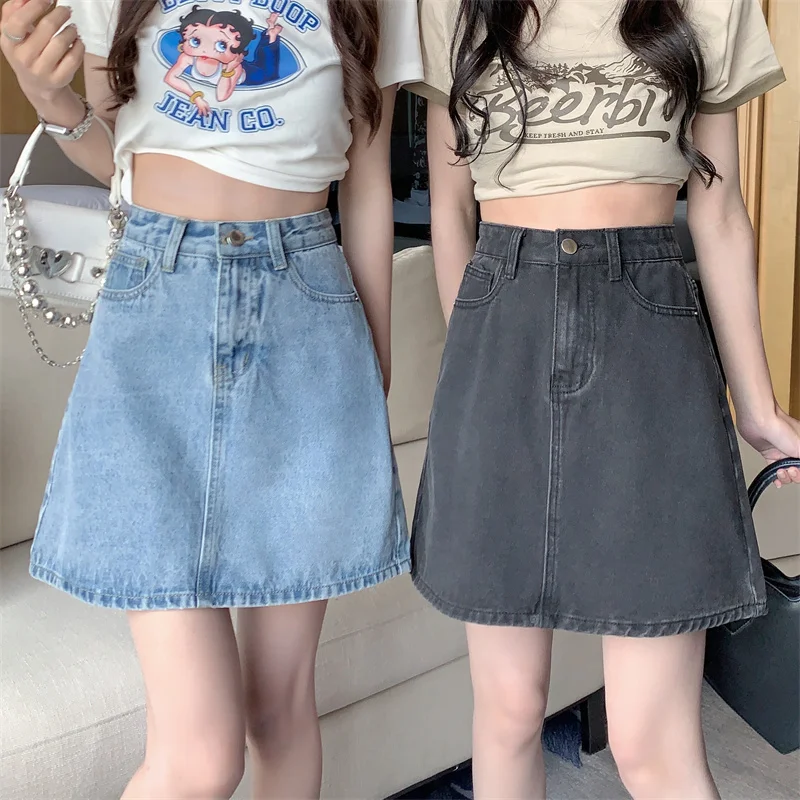 

Джинсовая юбка с высокой талией, женская юбка трапециевидной формы больших размеров, утягивающая бедра, закрывающая f-длина, корейский Sle, чистый цвет