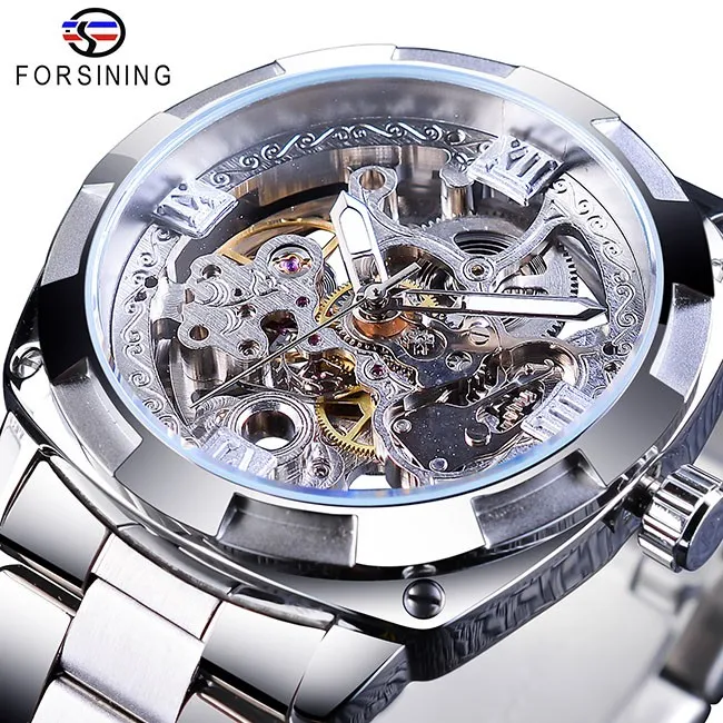 Fashion Forsining Retro Men's Automatic Mechanical Watch Top Brand Luxury Full Steel Golden Design Luminous Hands Skeleton Clock