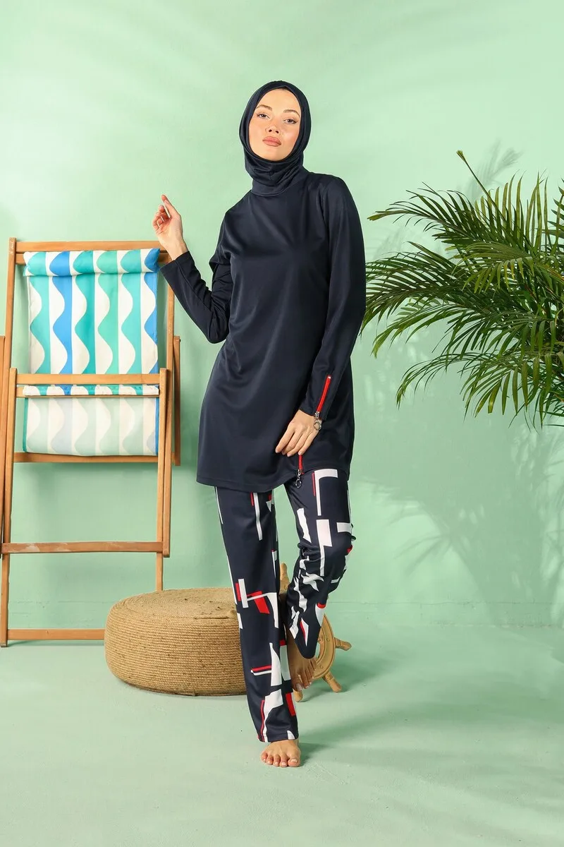 IQRAH Rivamera Full Off Navy Blue Pattern Detailed Hijab Swimwear R1112