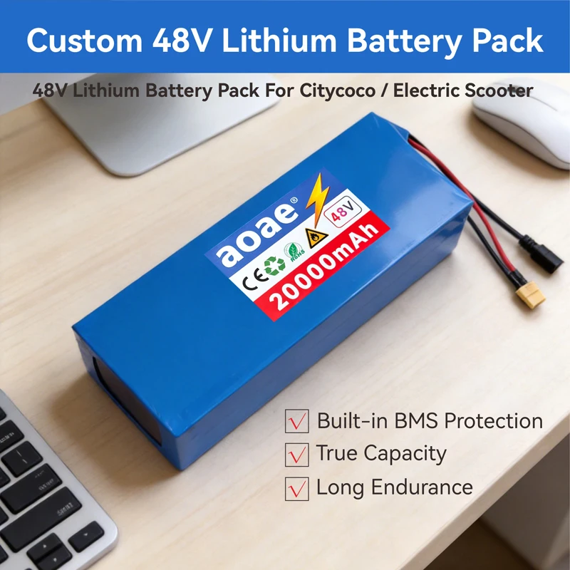 Custom 48V Lithium Battery Pack 18650 Grade-A Cells 1000W-2000W Built-in BMS XT60 DC High Capacity for Electric Scooter
