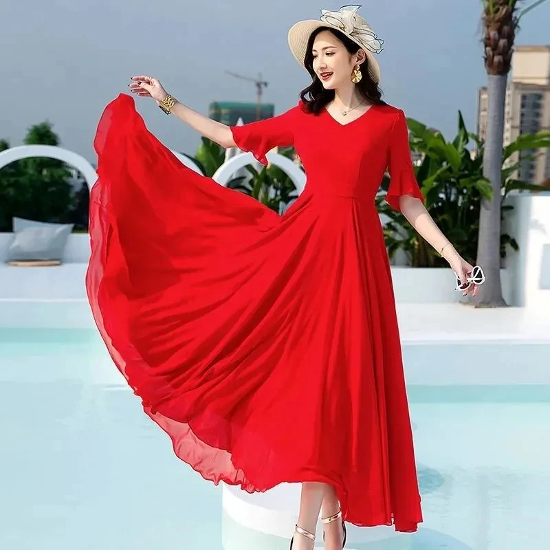 Letnia sukienka damska Bohemian Long Dress Solid Color Short Sleeve V Neck 5XL Chiffon Sundress Maxi Evening Ladies Party Dress Vestidos