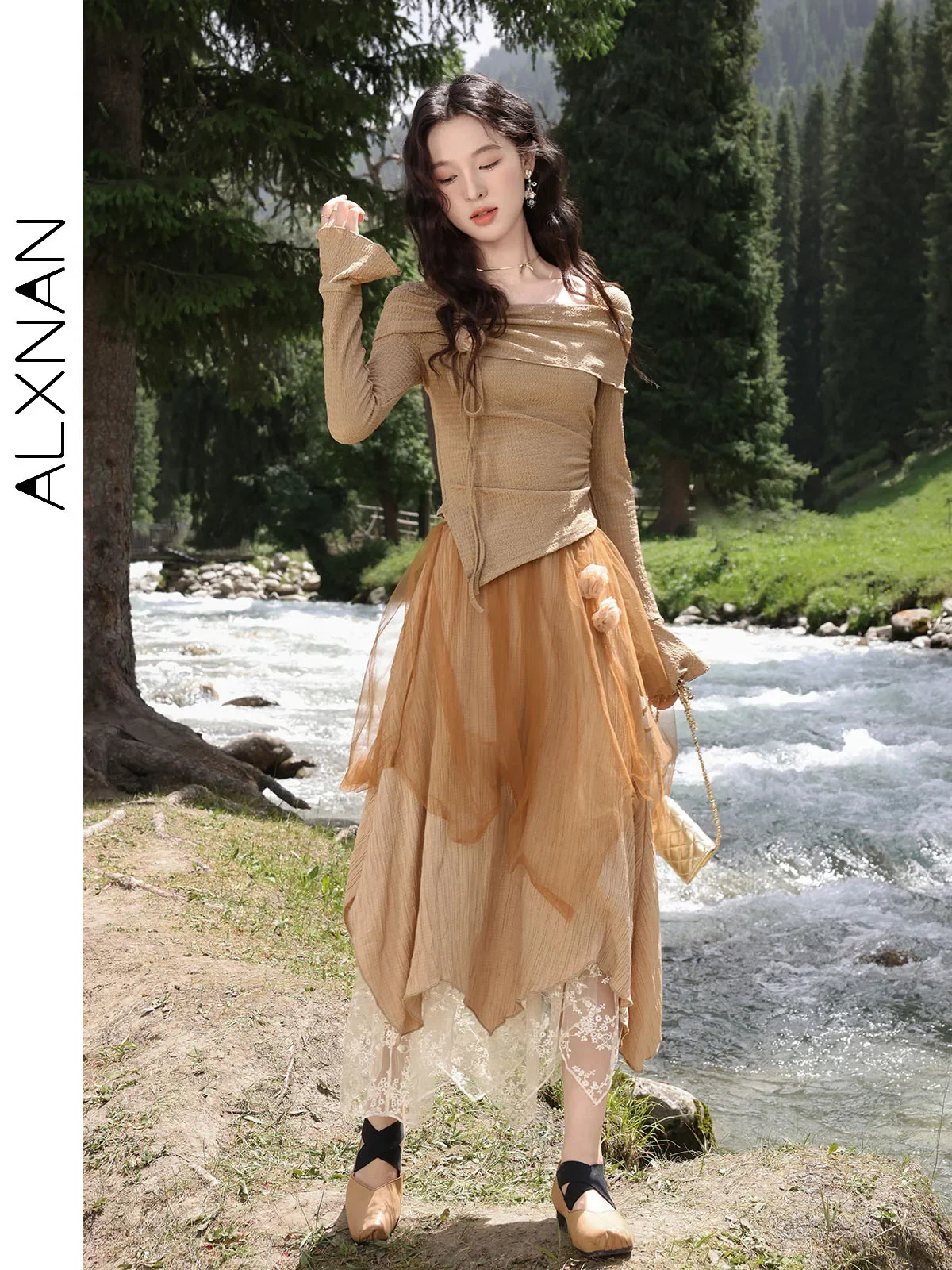 ALXNAN Women\'s Retro Casual Skirts A-line Patchwork Three-dimensional Camellia 2024 Autumn Midi Skirt Sold Separately L39326BSQ