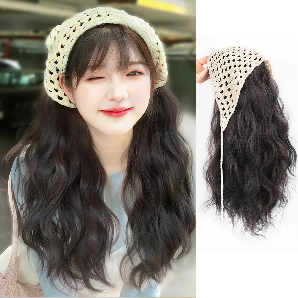 Cabeça cheia, perucas sintéticas para mulheres, cabelo artificial, cachecol triângulo, cabelo longo encaracolado, headband coreano, extensões de cabelo