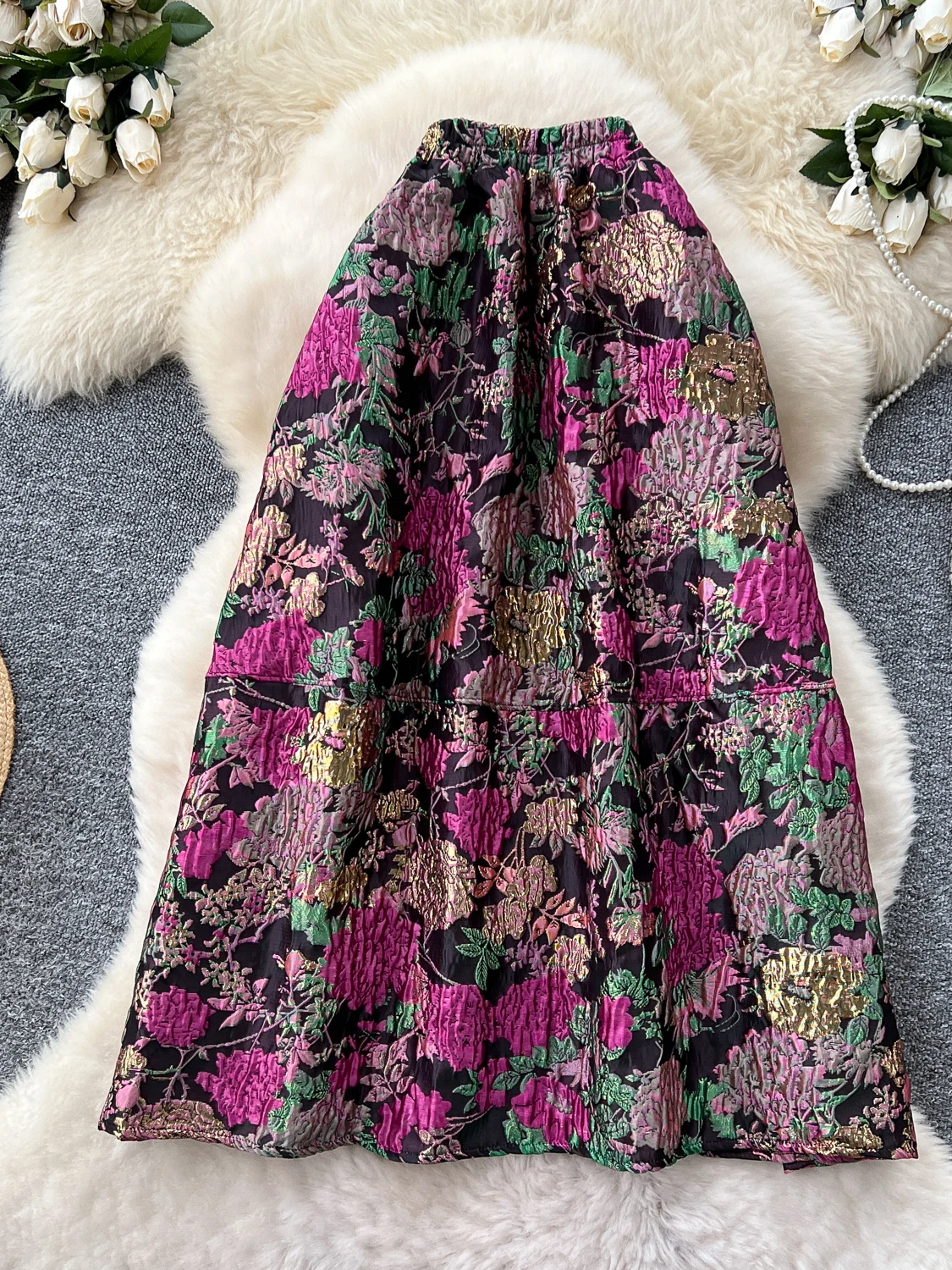 Retro Court Gold Emed Fluffy Midi Skirt Women's Autumn High Waist A-Line Skirt Slimming Versatile Ci Commute Sle