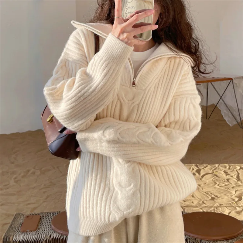 Lapel Knit Pullovers Women Fall Winter Korean Casual Loose Solid Color Long Sleeve Sweaters Top 3 Colors