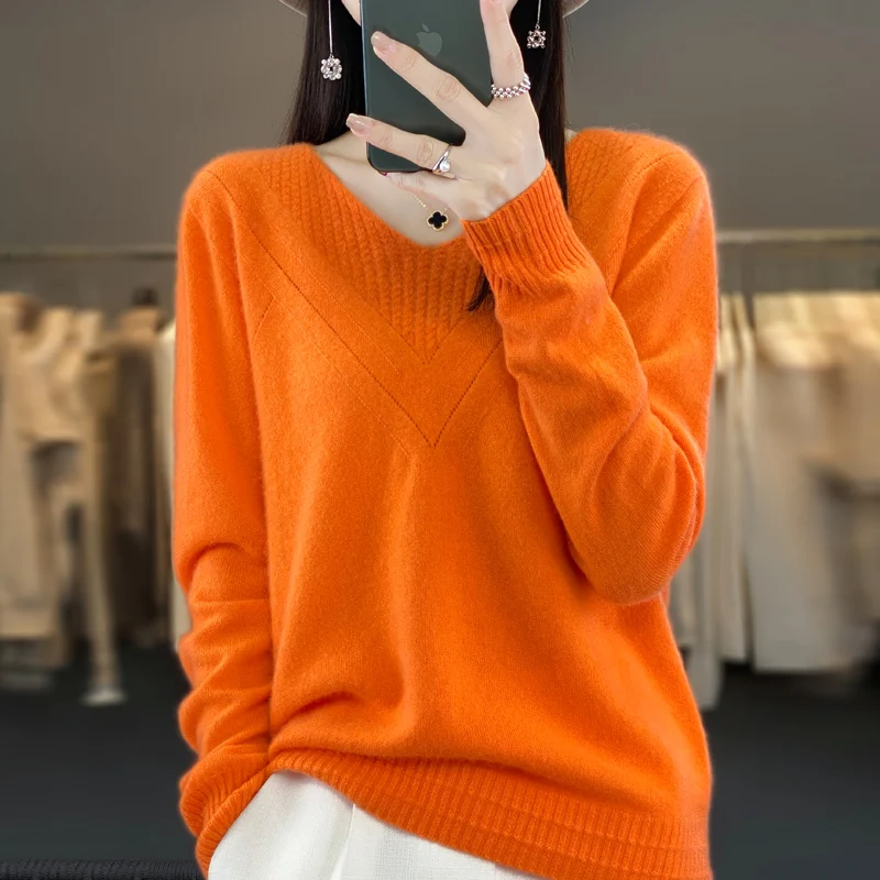 Autumn and winter women\'s 100% merino sweater pullover loose knit bottoming shirt long sleeve fashion V-neck cashmere top