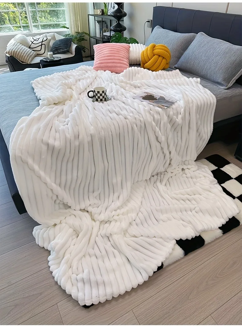 Striped Flannel Fleece Blanket Ultra-Soft Lightweight White Blanket Throw/Twin/Qveen/King Sizes Multi-Color For Bed Couch