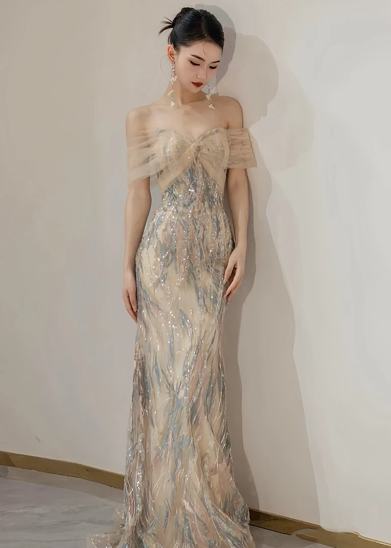 Champagne Shiny Mermaid Cocktail Dresses Luxury Strapless Off the Shoulder Floor Length High-end Party Host Evening Gowns New