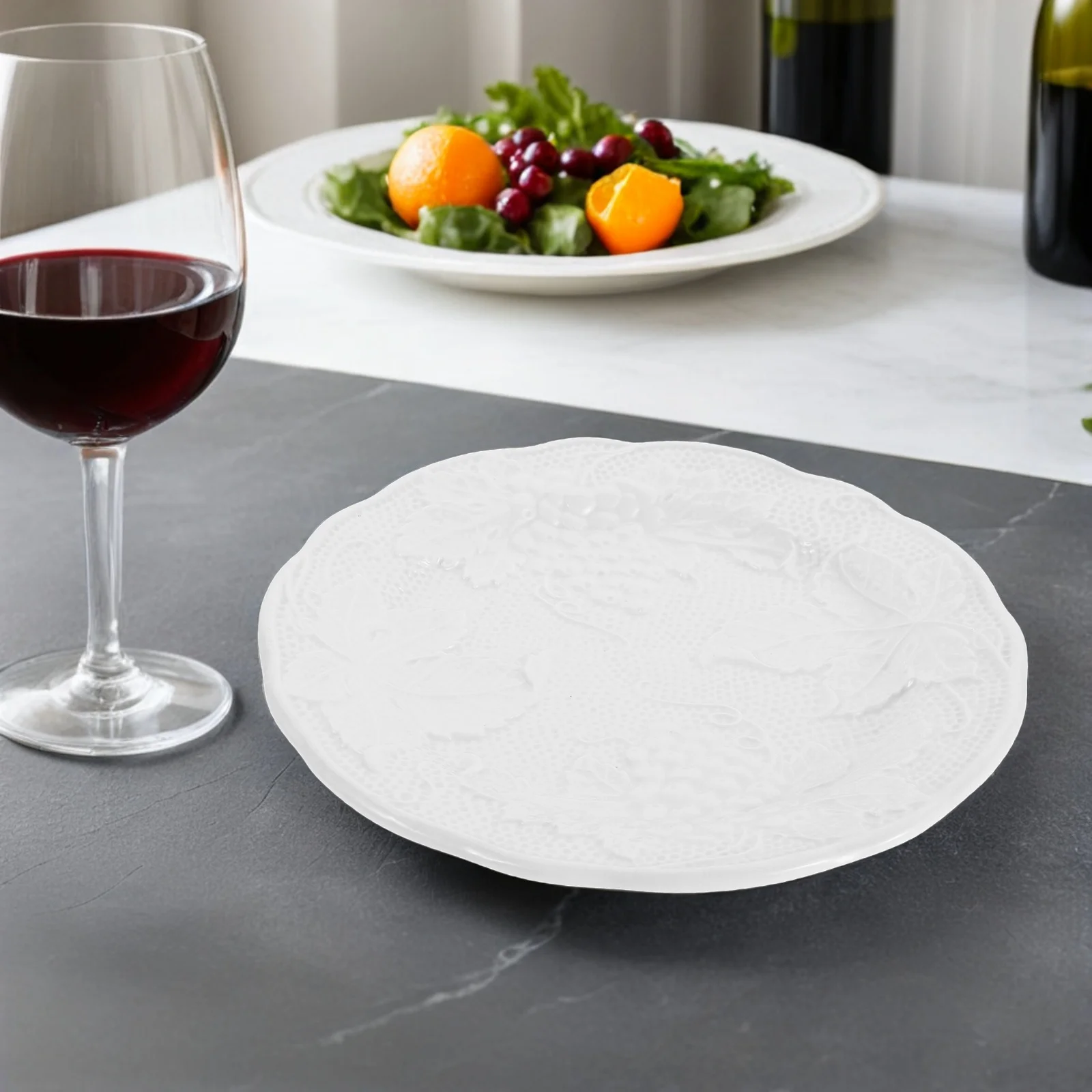 

7.86 Inch Elegant White Ceramic Plate Vintage Round Platter with Textured Rim for Fruit Steak Appetizer Serving Minimalist Table