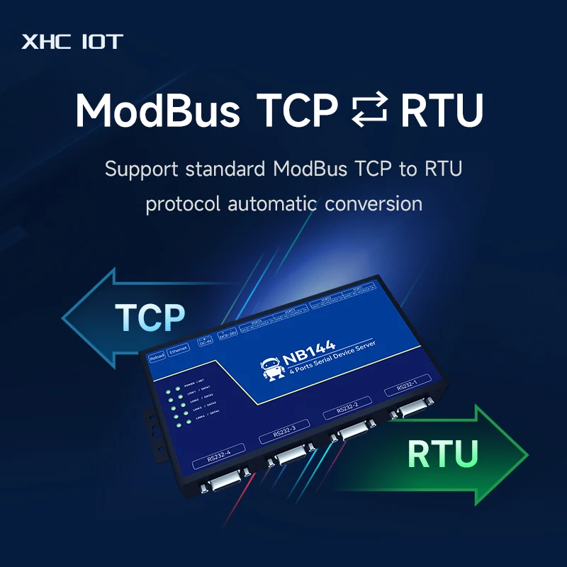 Imagem -03 - Servidor Serial Gateway Modbus Isolado de Canais Comando Integrado Xhciot Nb144 Tcp Udp Mqtt Comando at Rs232 Rs422 Rj45