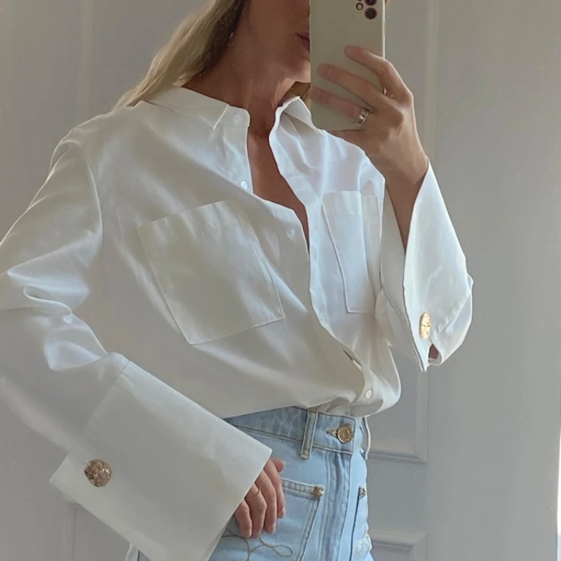 

White Blouses Women Shirt Turn Down Collar Full Sleeve Tops Solid Y2k Streetwear Elegant Splice Top Pockets Shirts 2026 Spring