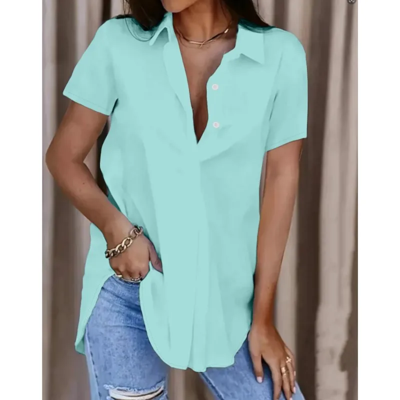 2024 Summer Solid V-neck Short Sleeve Button Women\'s Shirt Elegant Black Irregular Cardigan Shirt Street Wear Office Clothing