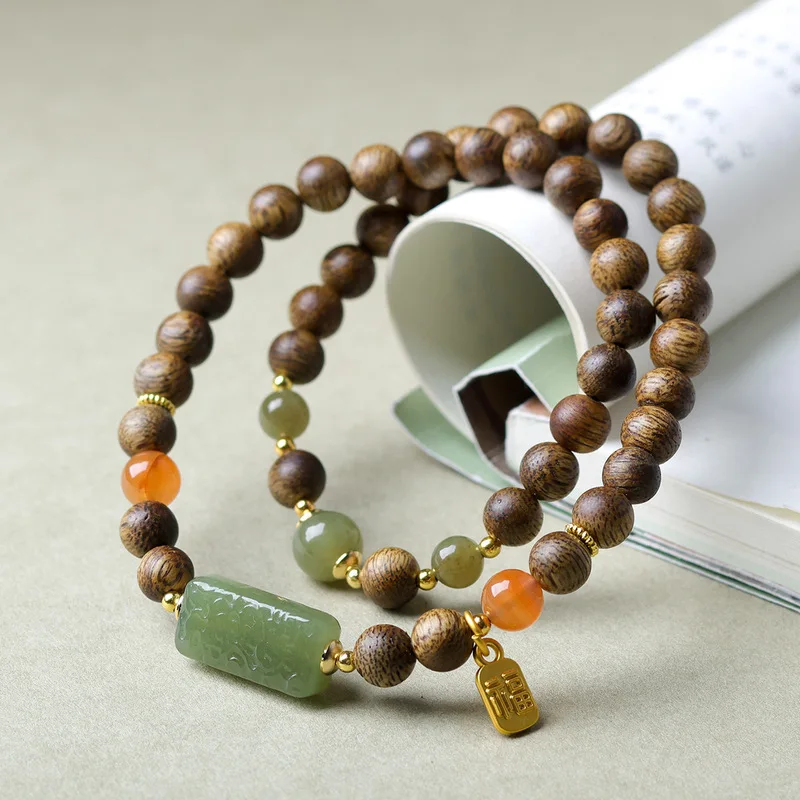 New Green Qinan Agarwood , Original Handicraft with Hetian Jade and Southern Red Agate, Chinese Style Bracelet