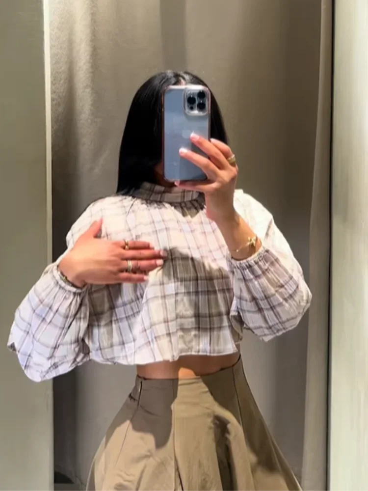 

Elegant Plaid Capelet Shirt Women Chic Half-high Collar Full Sleeve Cropped Cloak Blouse Spring Lady Commute Street Top 2026 New