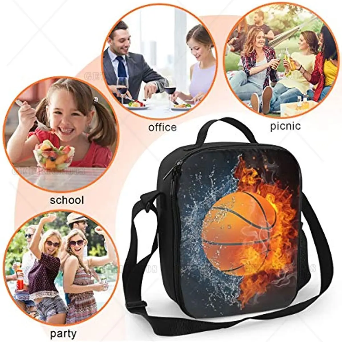 BasketBall Insulated Durable Lunch Box with Shoulder Strap School Lunch Bag Lunch Tote Box Bag for Office School Picnic Beach