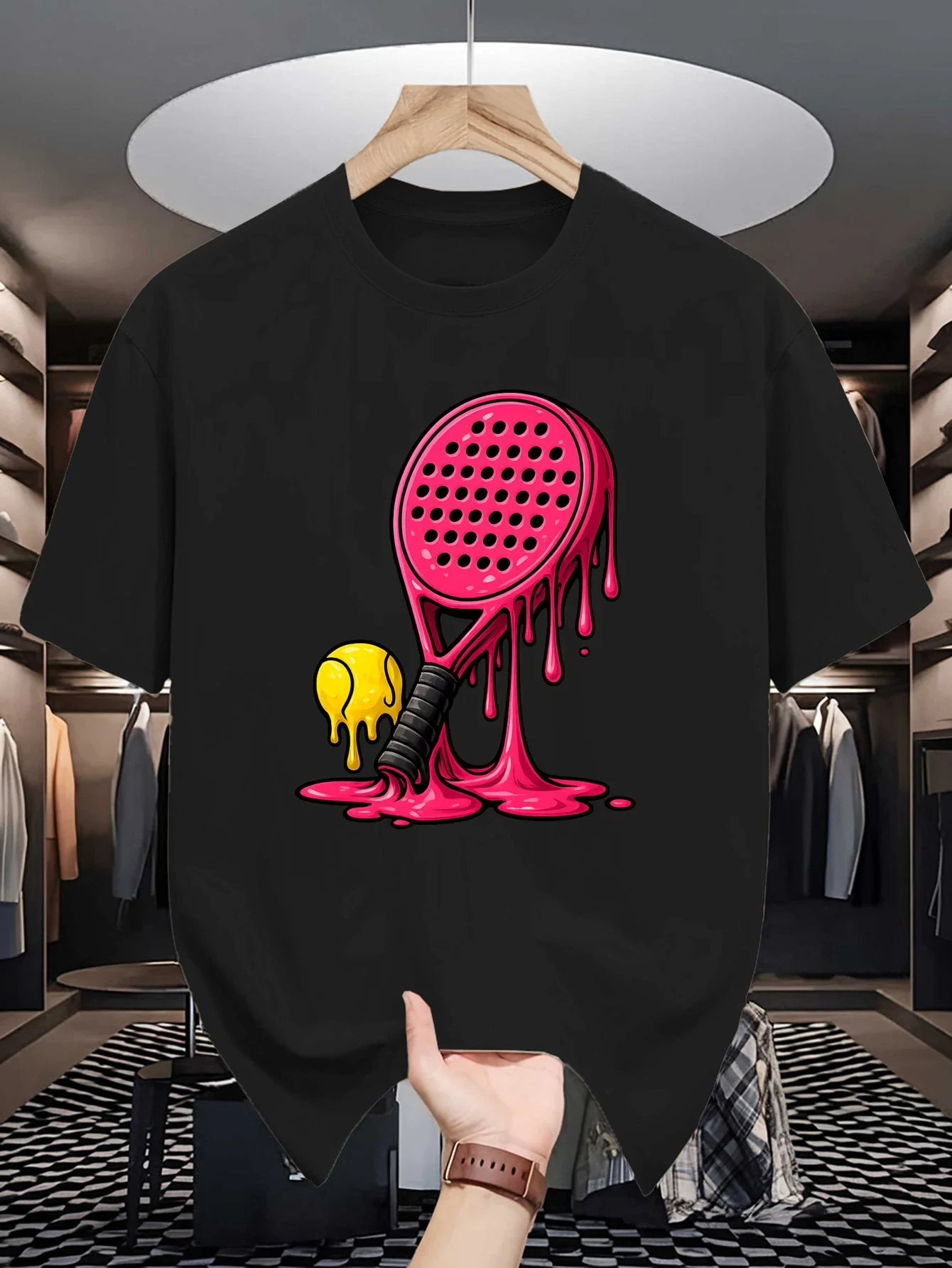 Mens Dripping Melting Padel Racket Ball Graphic Tee Liquid Sport Print O Neck Short Sleeve Cotton Tops For Padel Enthusiast Fan
