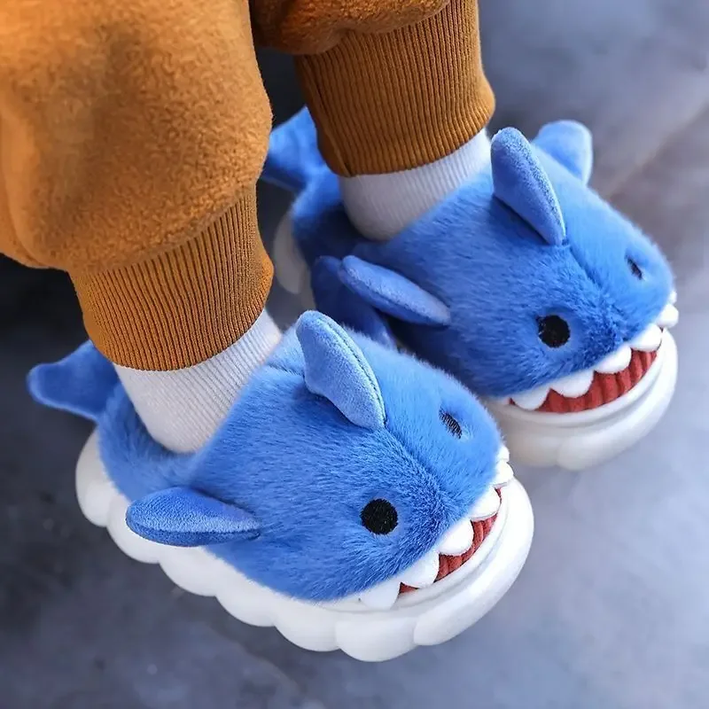 

Children's Cartoon Shark Slippers, Non-slip Soft Sole, Warm Plush Home Shoes, Heel Wrap, Cute, Winter, Boys, Girls, Junior