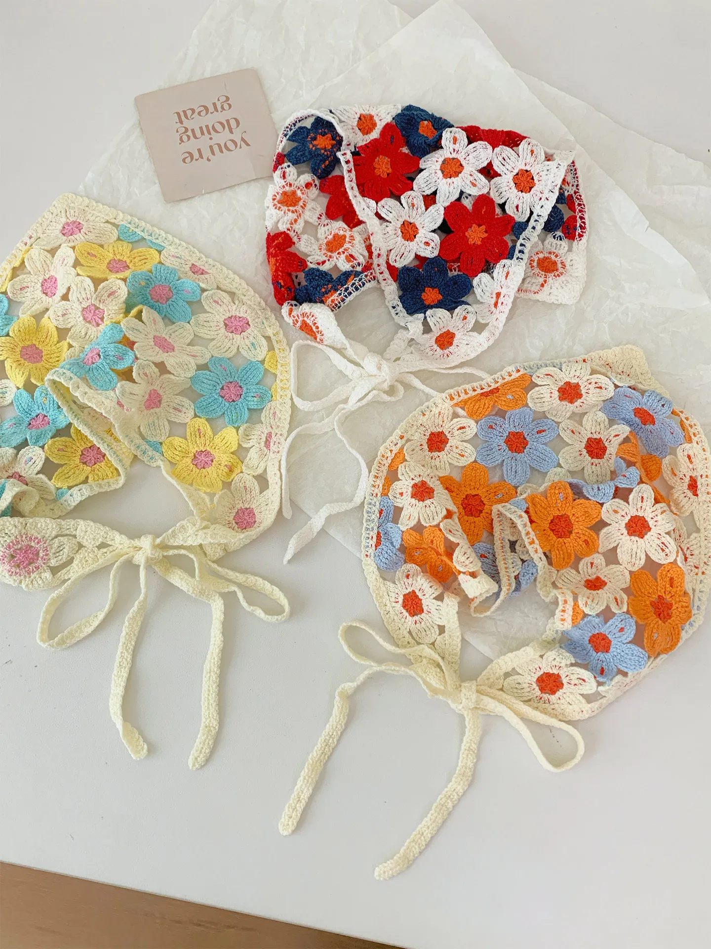 

French Pastoral Style Knitted Flower Triangle Headscarf Women Spring Summer Hollow Headband