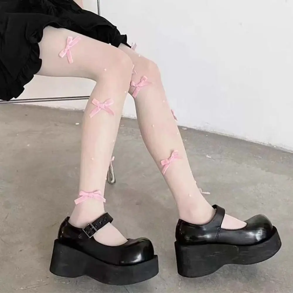 

Comfortable Mesh JK Lolita Pantyhose Transparent Breathable Bowknot Pearl Pantyhose Ultra-Thin Leggings Women Party