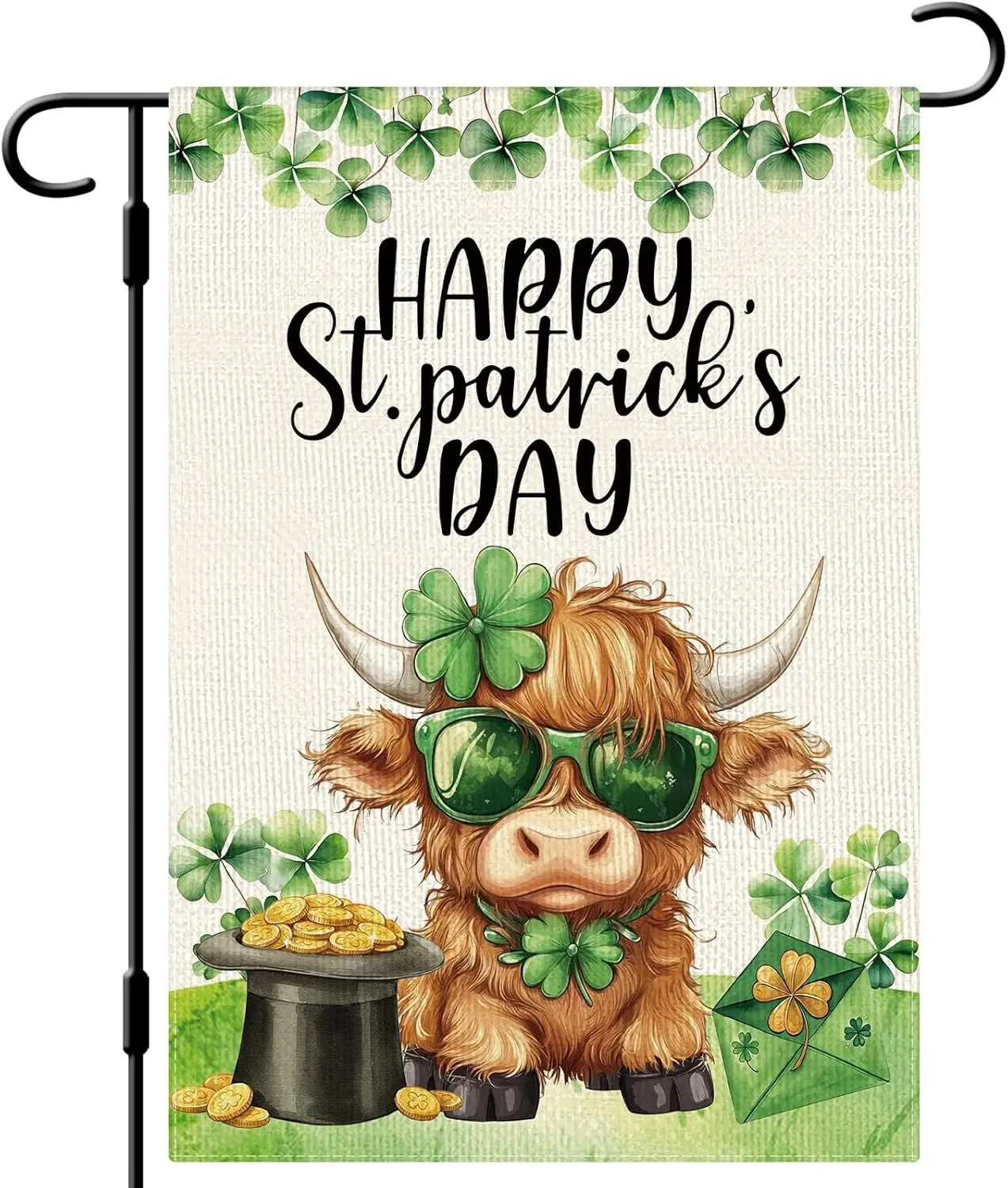 DLZDN Happy St Patricks Day Highland Cow Garden Flag 12×18 Inch Double Side Vertical Burlap Farmhouse Yard Sign Spring Holid WWP