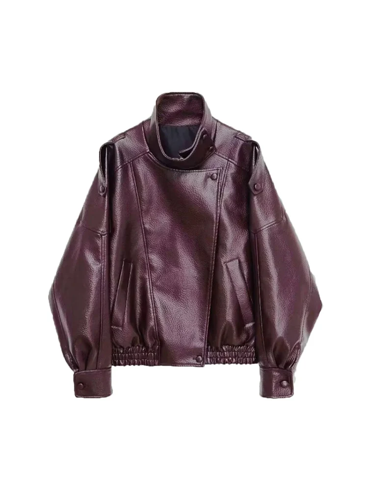 TFMLN 2025 chaqueta de piel sintética de invierno para mujer, moda Vintage, decotación de charretera, ropa de calle con cremallera, cuello levantado, cuero para mujer