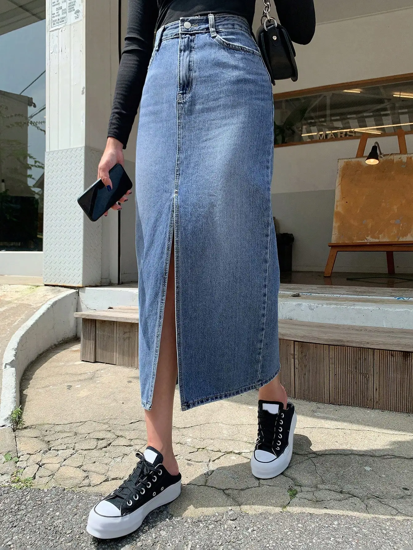 High Waist Split Thigh Denim Skirt Women Midi Length Jeans Skirt