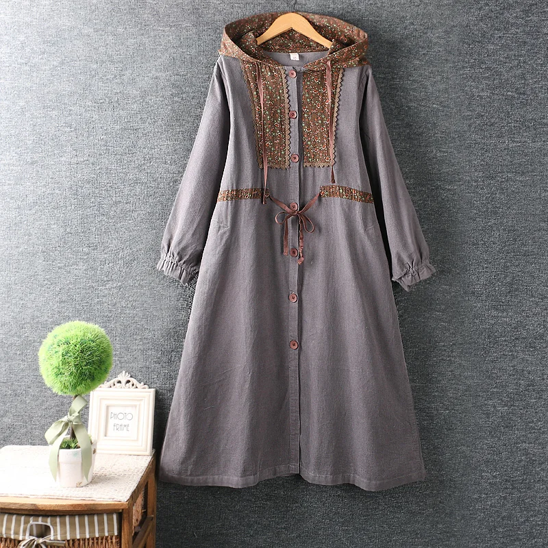 Autumn New Hooded Trench Coat Women Long Sleeve Single Breasted Casual Outerwear Chinese Style Retro Versatile Slim Dress Women