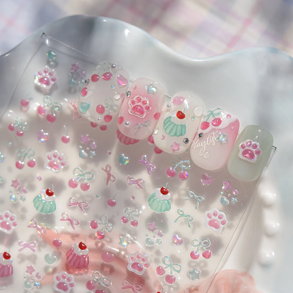 5d cereja geléia arte do prego adesivos kawaii cão pata impressão transparente arco prego slicker decalques manicure diy adesivo slider decoração
