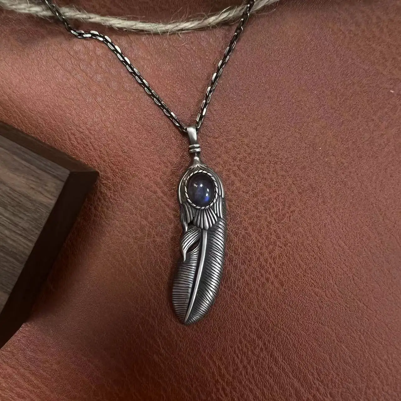 S925 Silver Feather Pendant Vintage Do Old Necklace Inlaid Elongate Stone Pendant