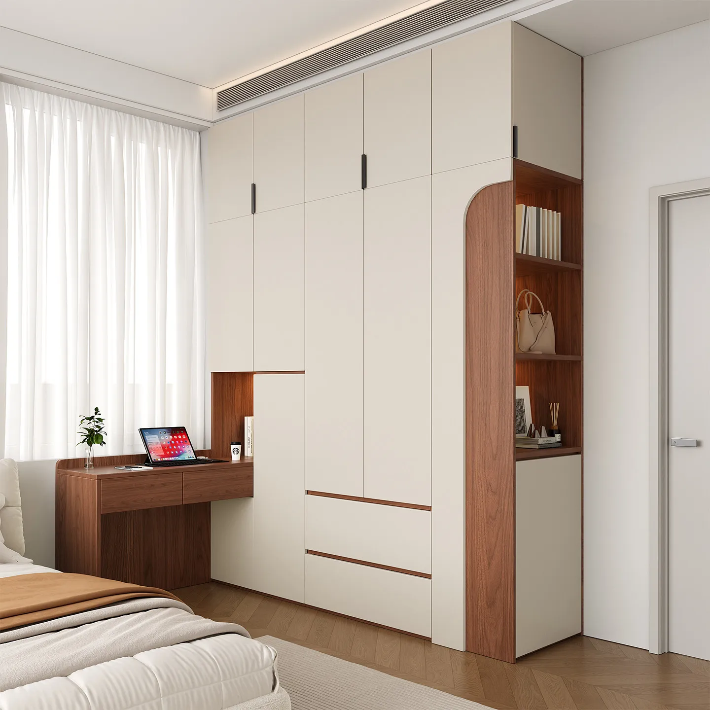 Solid Wood Wardrobe with Desk Integrated L-Shaped Corner Wardrobe, Home Bedroom Segmented Corner Wardrobe Combination