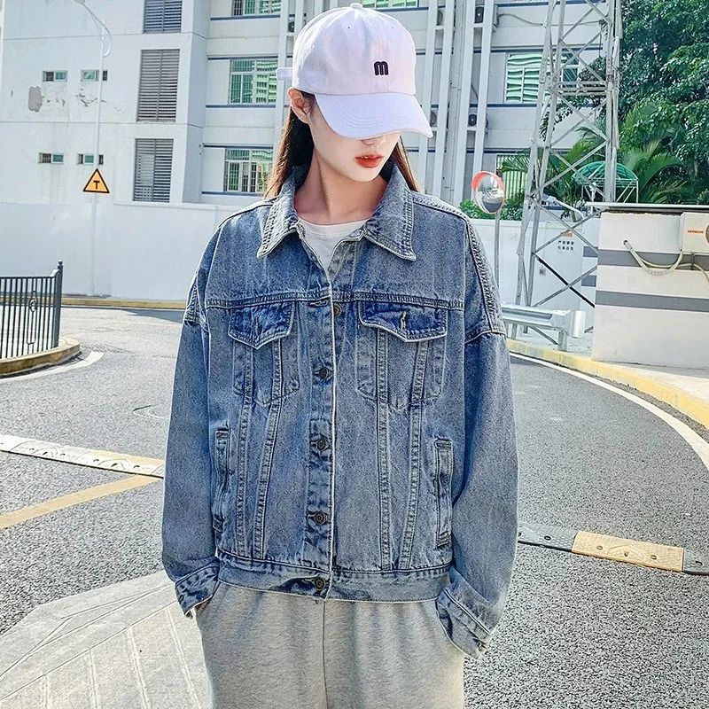 Vintage Denim Jacket Women Single Breasted Lapel Loose Cowboy Jacket 2023 Spring Autumn New Fashion Indie Aesthetic Outwear Bf
