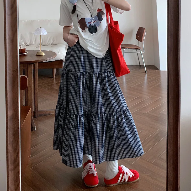 Korean Style Fashion Vintage Plaid Maxi Skirt Spring Summer College Loose Thin A-line Kawaii Long Tiered Ruffle Skirts for Women