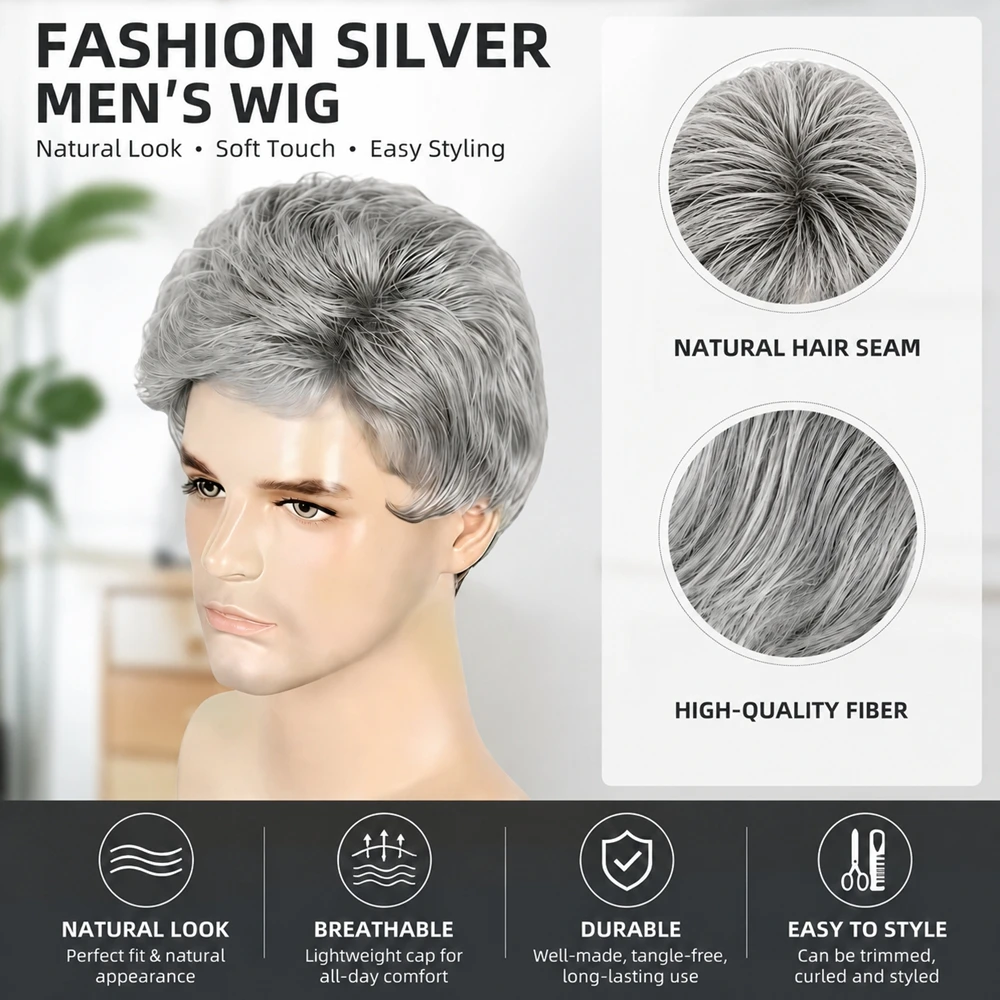 8 Inch Layered Short Straight Silver Gray Men's Wig, Breathable Natural Looking Full Cap Wig  For Daily Wear