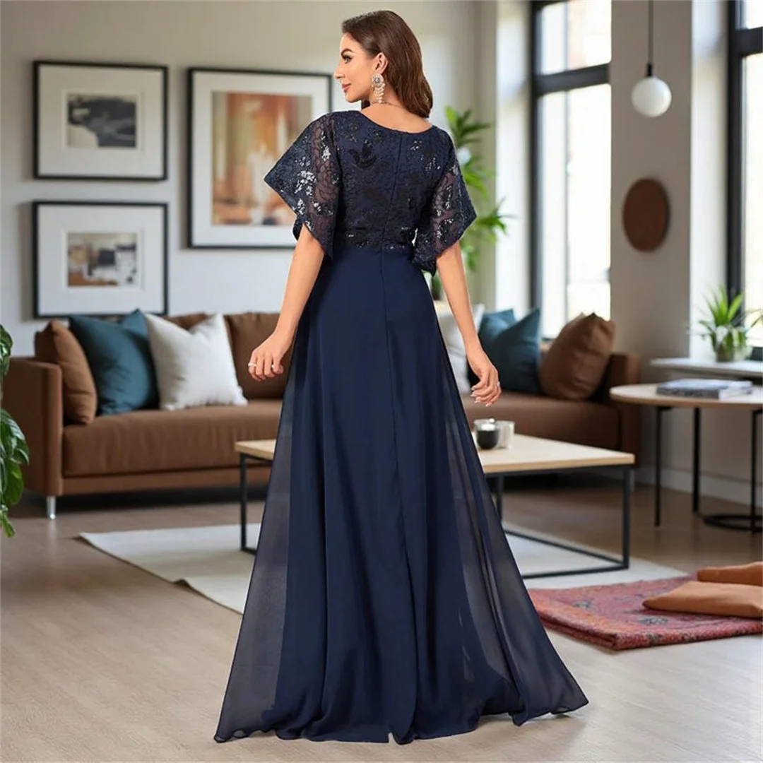 فساتين شيفون مضيئة نصف كم فساتين أم العروس على شكل حرف v دانتيل ترتر كشكشة للحفلات الراقصة فساتين سهرة رسمية طويلة للنساء #2