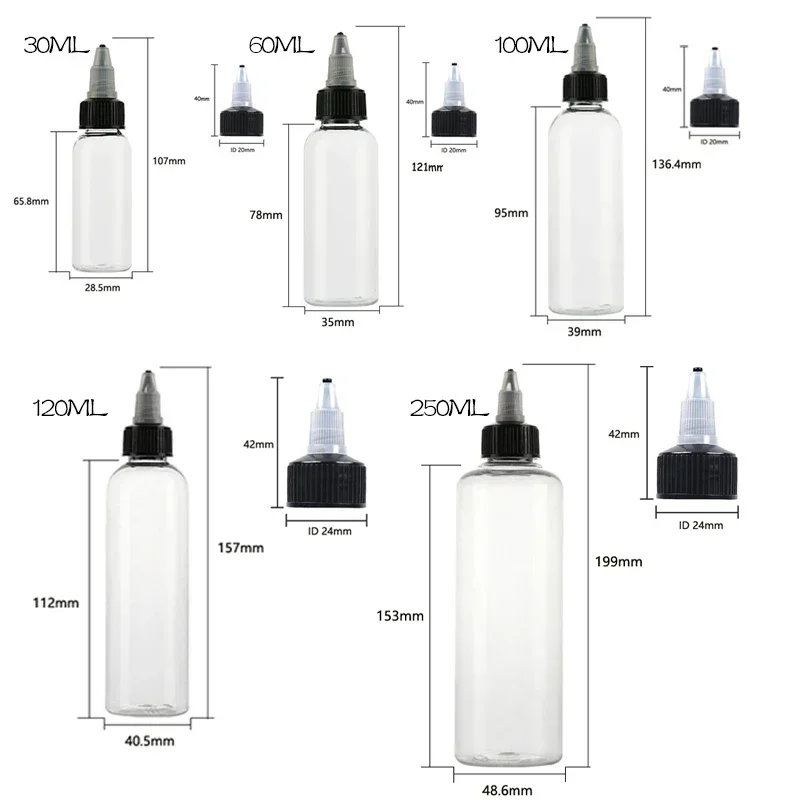 Flcopropriété compte-gouttes en plastique l'horloge, liquide HI W, bouchons supérieurs torsadés pour tatouage, pigment, encre, huile, tous les jours, illables, beaucoup, 5 pièces, 30ml-250ml