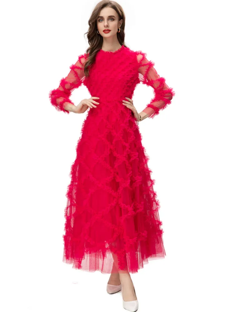 ชุดเดรสสตรี O คอแขนยาว Ruffles จ่าย Elegant แฟชั่น Designer Party Prom Gown