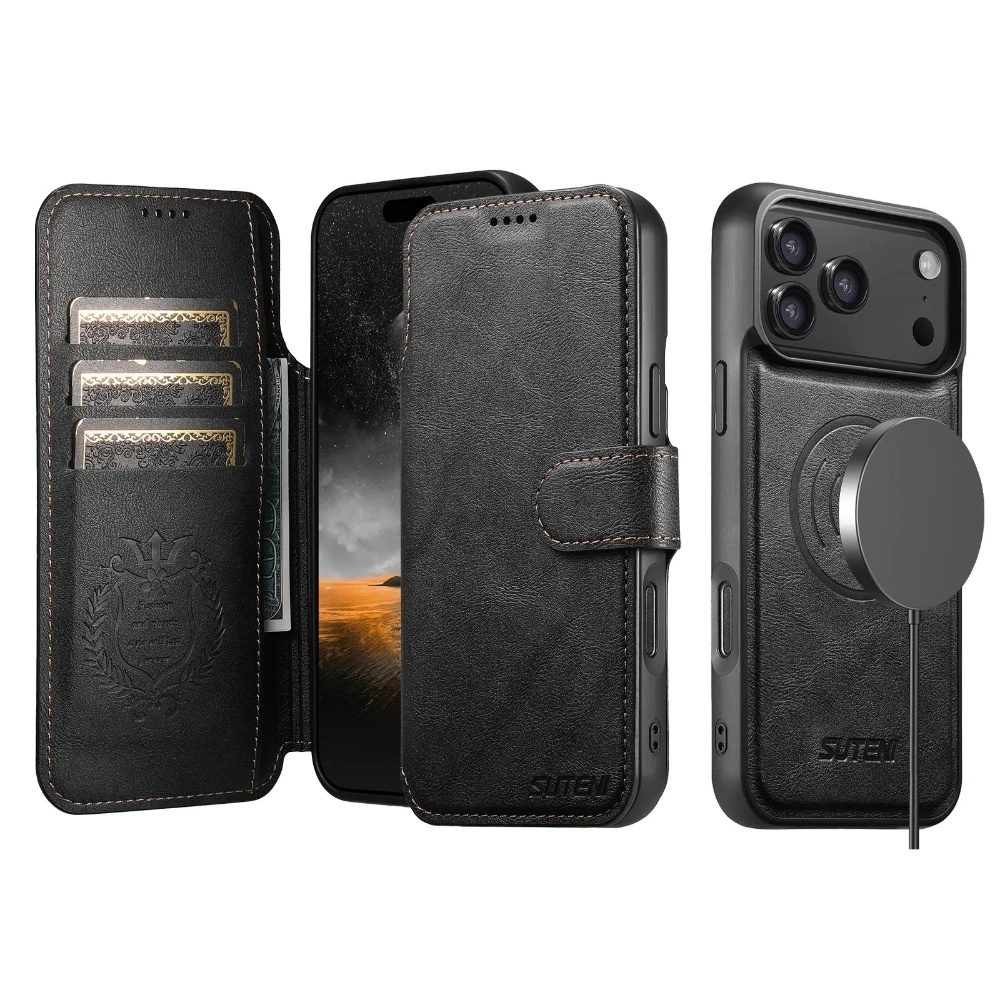 

Magnetic Leather Case for iPhone 17 Pro Max 17Air 16 Plus 15 14 13 12 Wireless Charging Stand Card Wallet Detachable Flip Cover