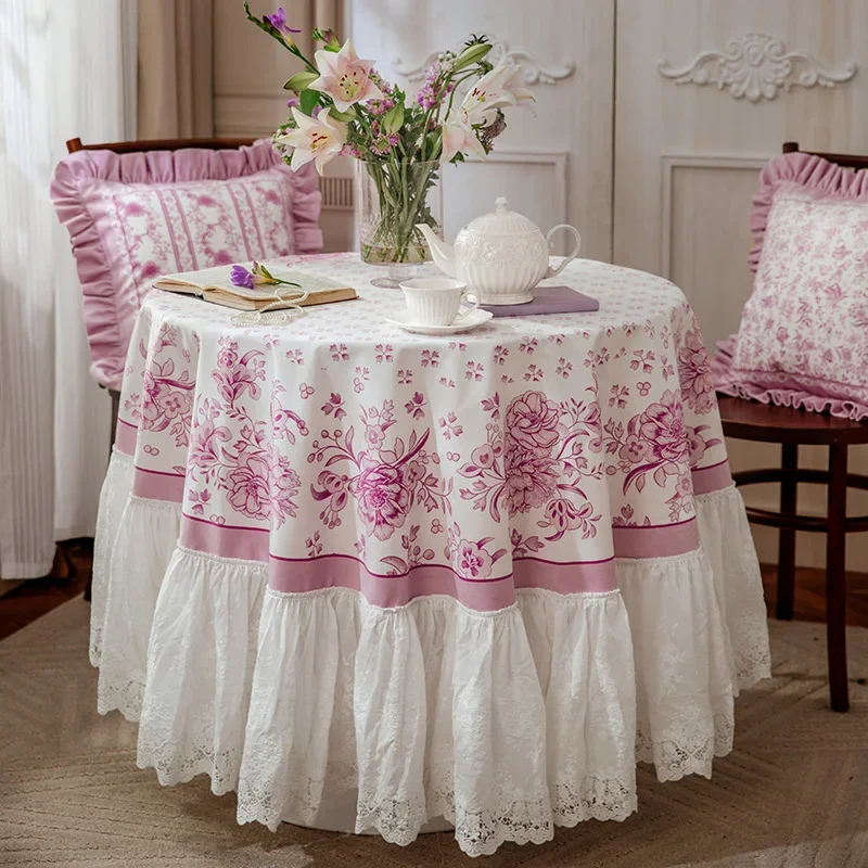 Violet Round Tablecloth Purple Light Luxury Vintage Diningtable Cloth Home Decor Elegant Lace Stitching Tablecloth Customization