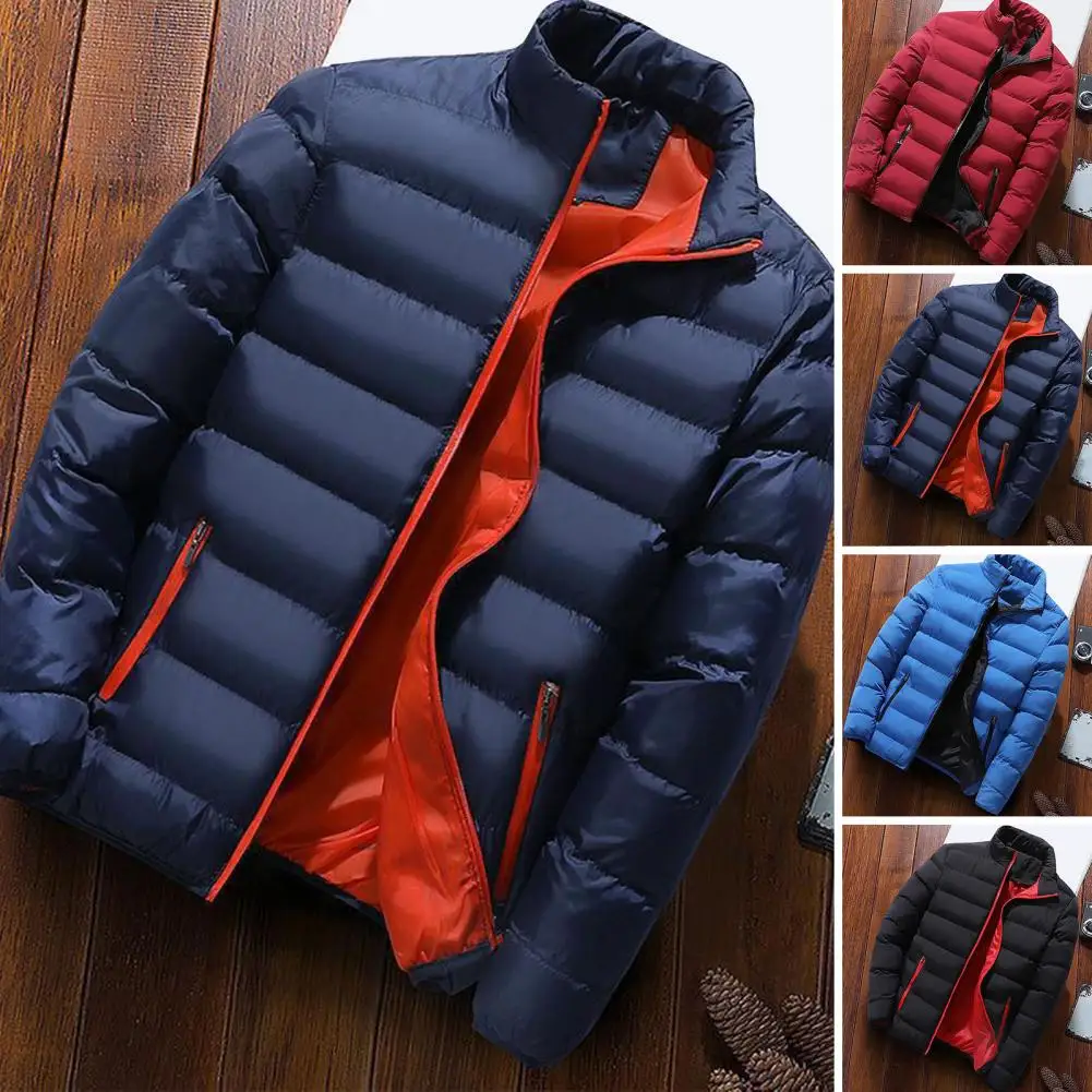 Thickened Men Coat Men Jacket Winter Men\'s Padded Coat Thick Windproof Warm Jacket with Stand Collar Zipper Closure