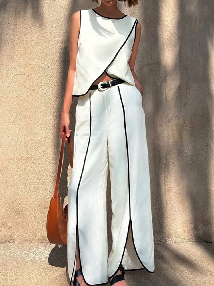 

Aynaray 2025 Summer Autumn Office Pant Set Suits Sleeveless Solid White Outfits Tank Tops 2 Two Piece Set For Women
