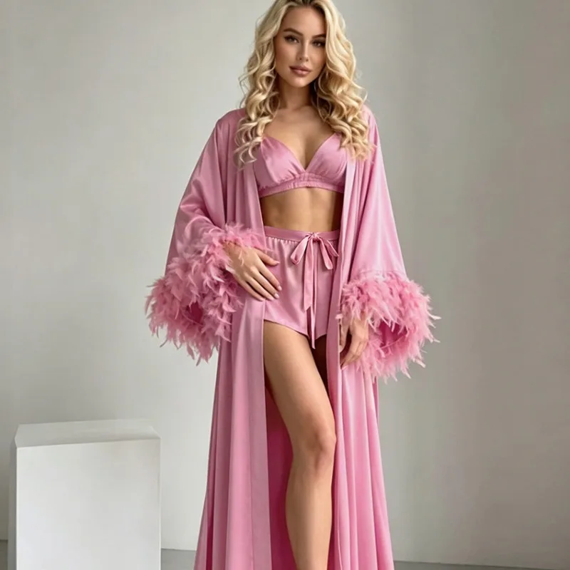 European American Ice Silk Pajamas Women's Long-sleeved Underwear Shorts with Feather Patchwork Cross-border Satin High-end Wear
